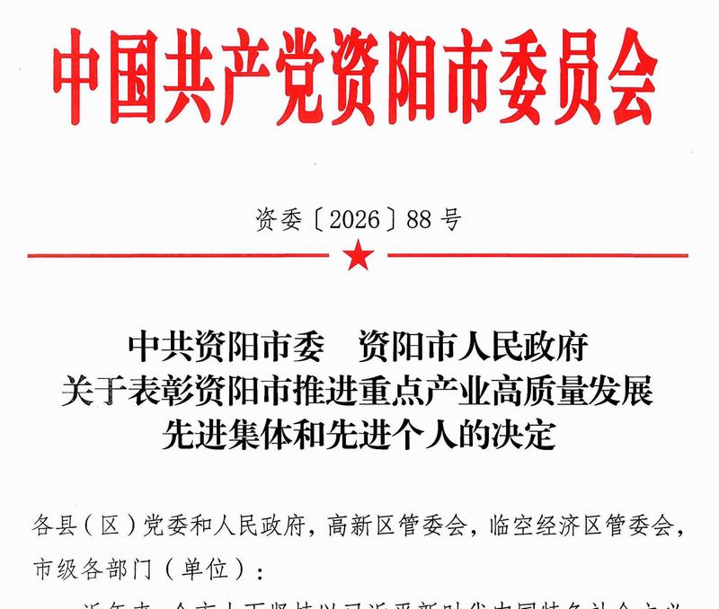 公司獲評資陽市推進重點產業高質量發展先進集體